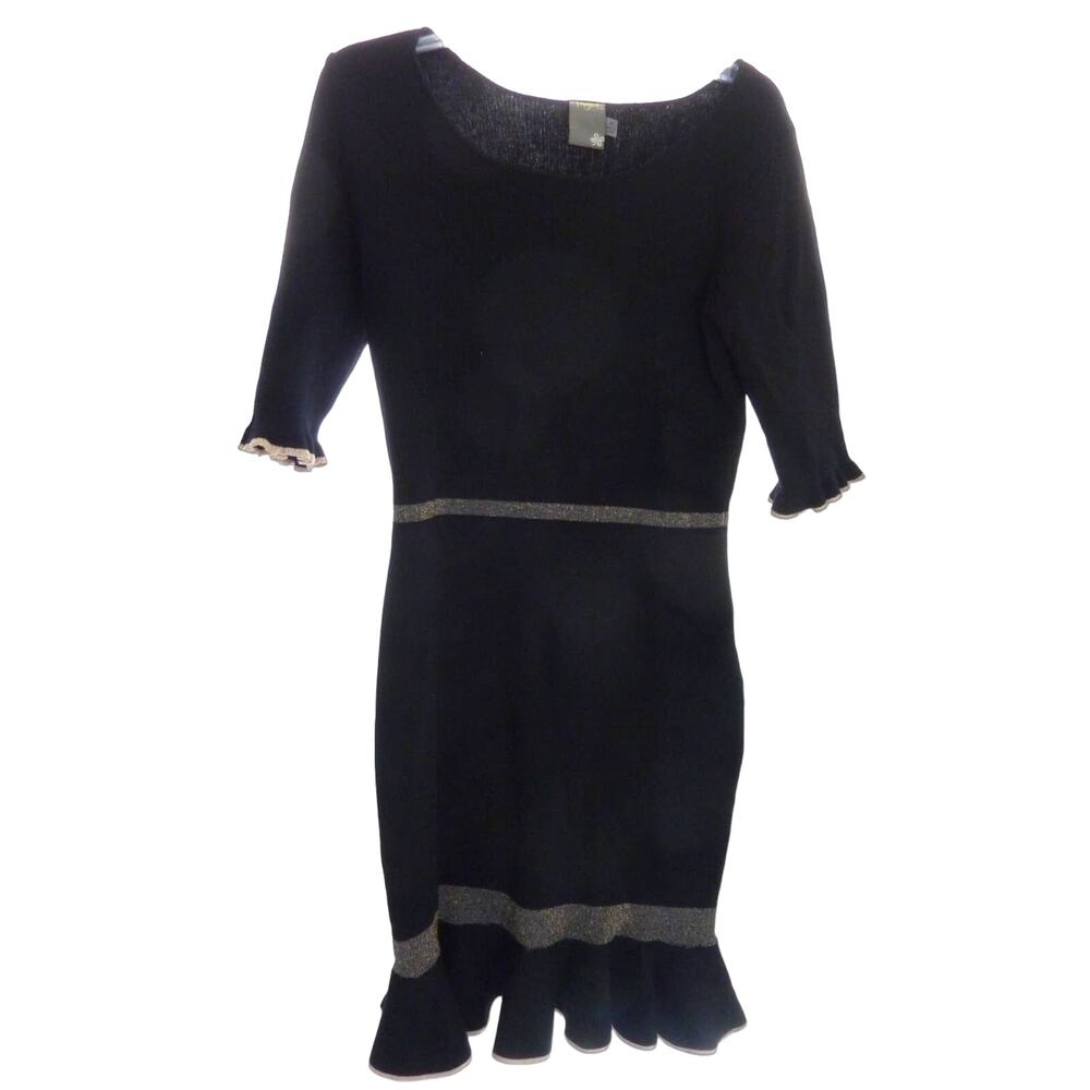 Taylor Womens M Black Knit Sweater Dress Metallic Trim Ruffle Hem Flutter Sleeve